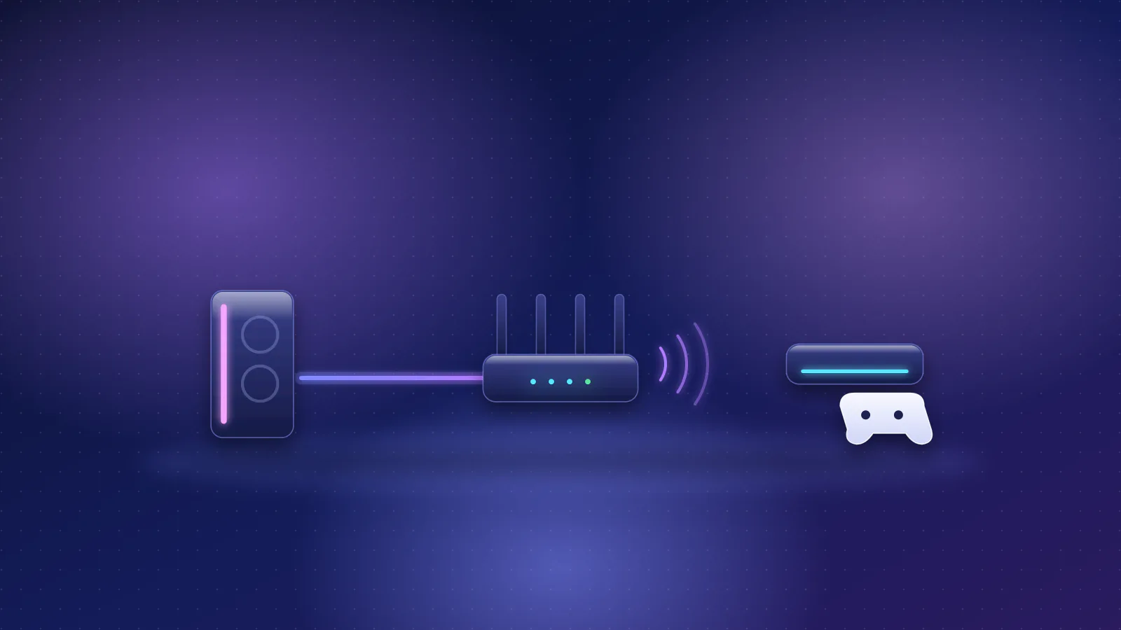 Illustration: a gaming PC and a games console connected to a router, one by cable and one over Wi-Fi.