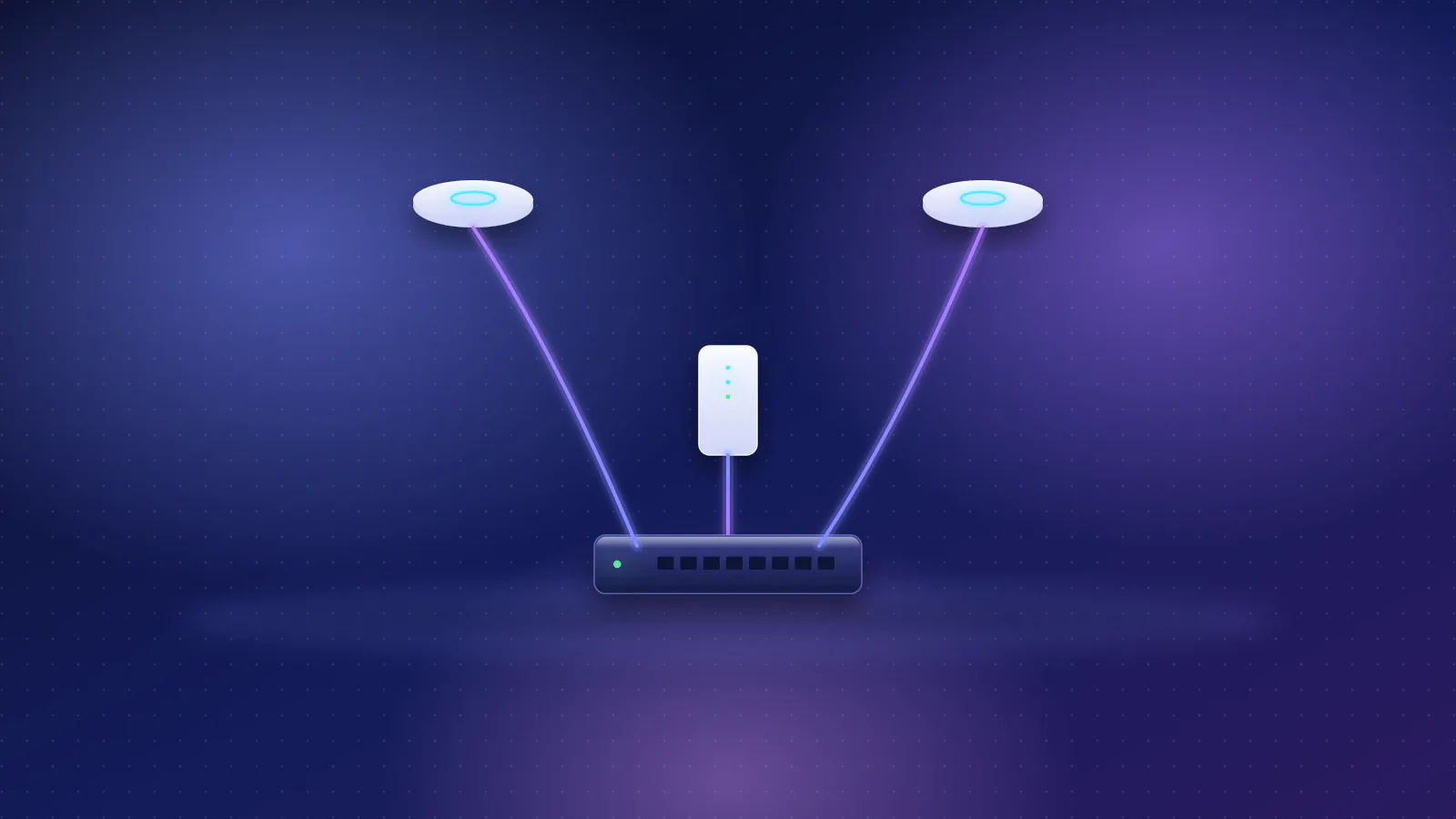 Illustration: a prosumer network: a gateway, a PoE switch and two ceiling access points.