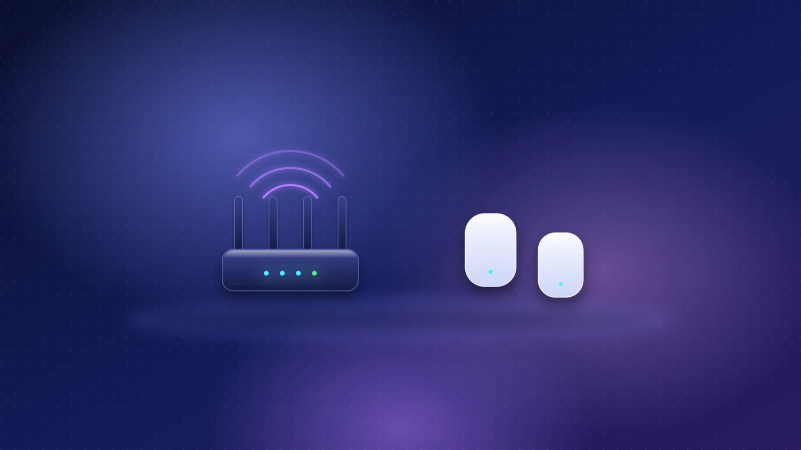 Illustration: a Wi-Fi router and a pair of mesh units on a stage, representing the choice between one router and a mesh system.