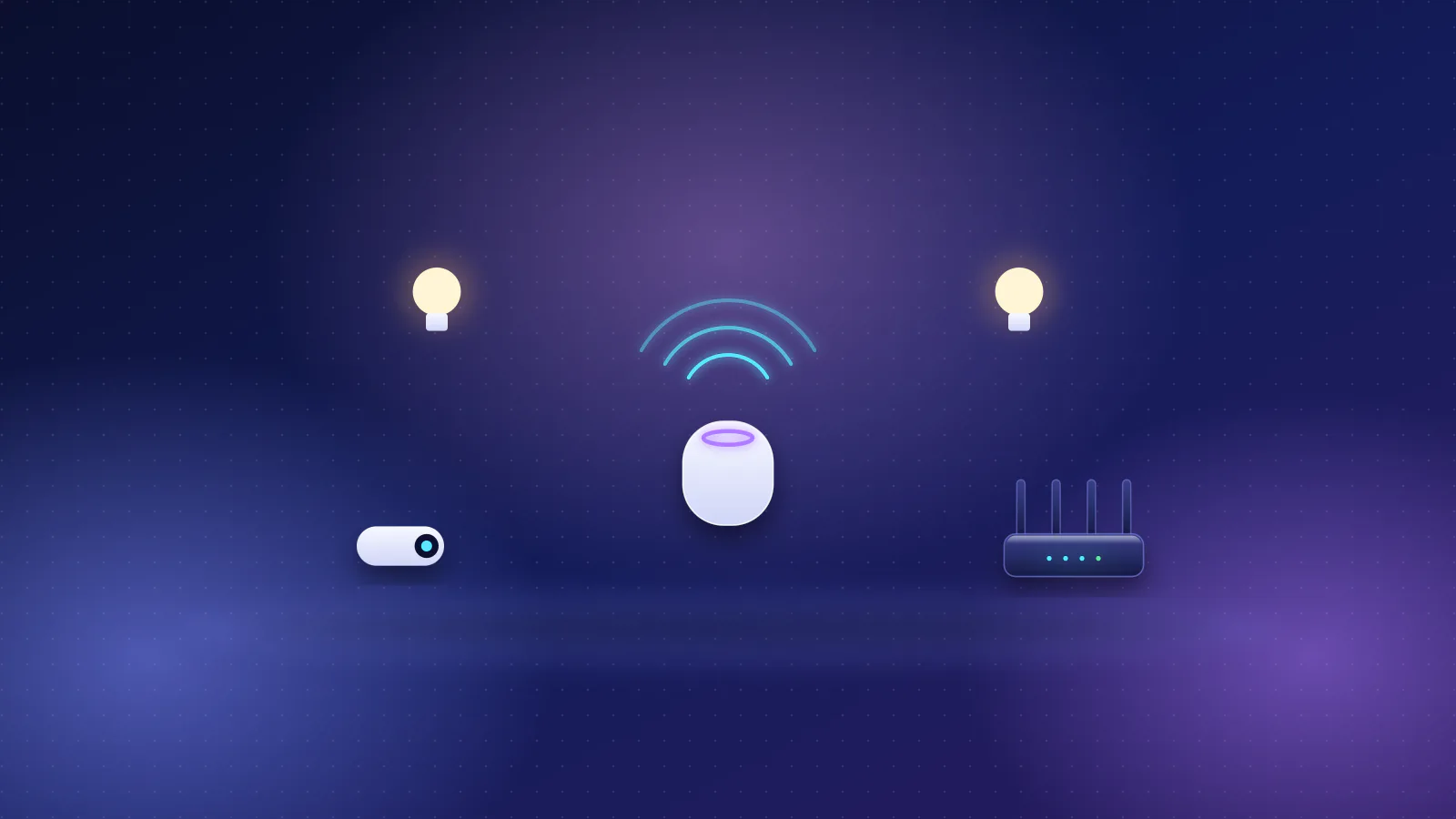 Illustration: smart bulbs, a camera and a smart speaker connected to the same home network.