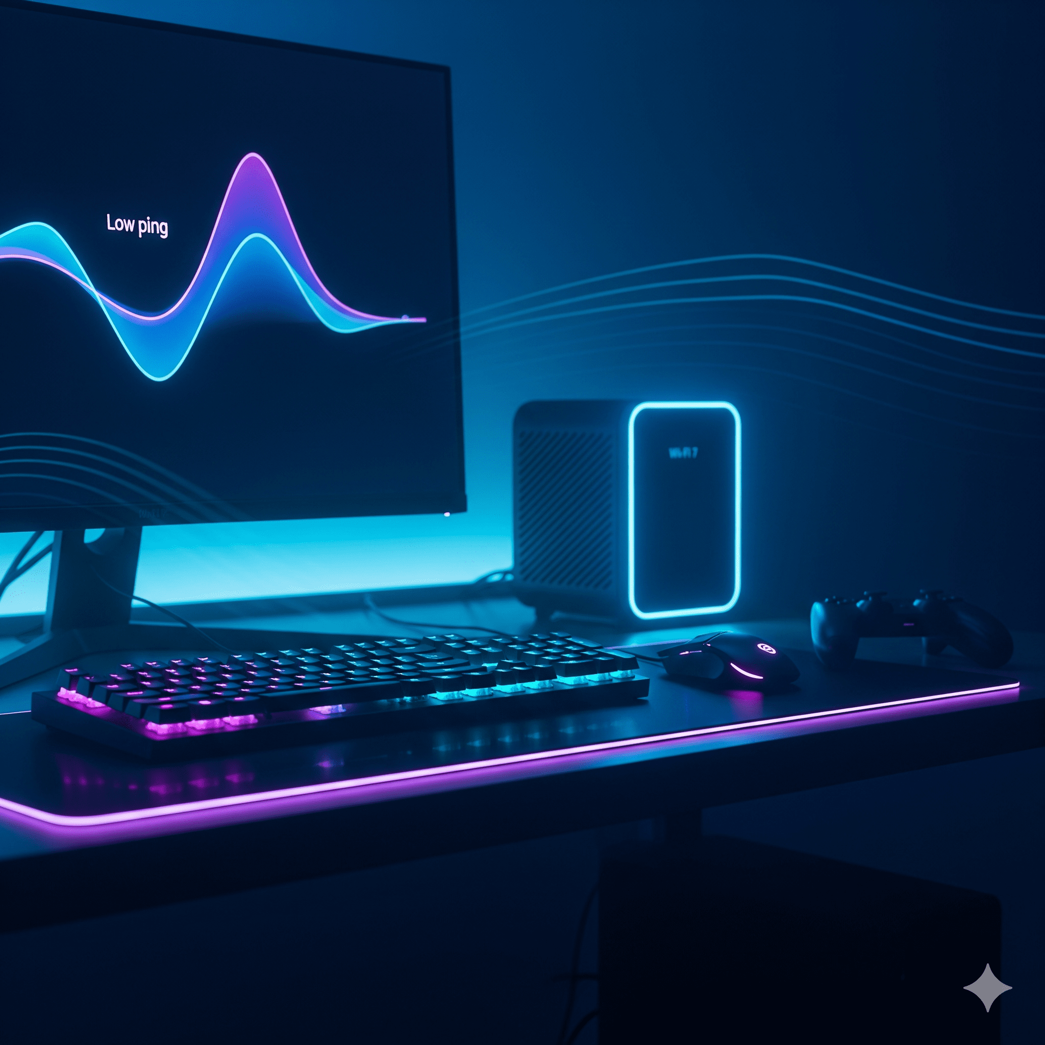 Gaming setup with Wi-Fi 7 router and 6 GHz indicator