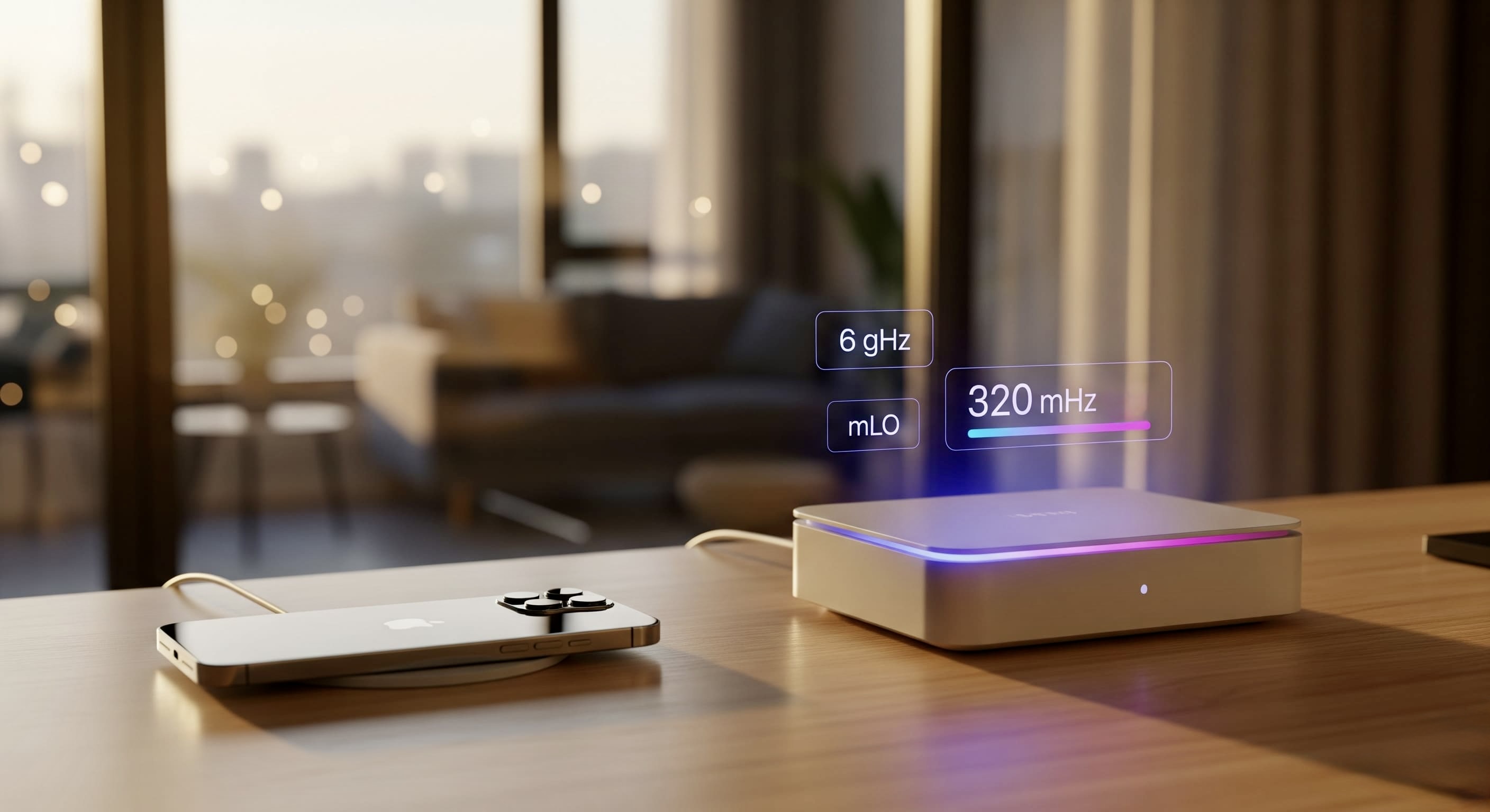 New iPhone beside a Wi‑Fi 7 router showing 6 GHz and MLO