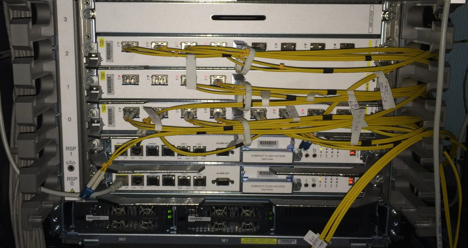 The front of a large rack-mounted router chassis: numbered line-card slots with yellow fibre patch cords plugged into their optical ports, two control cards with network and console ports, and fan trays at the bottom.