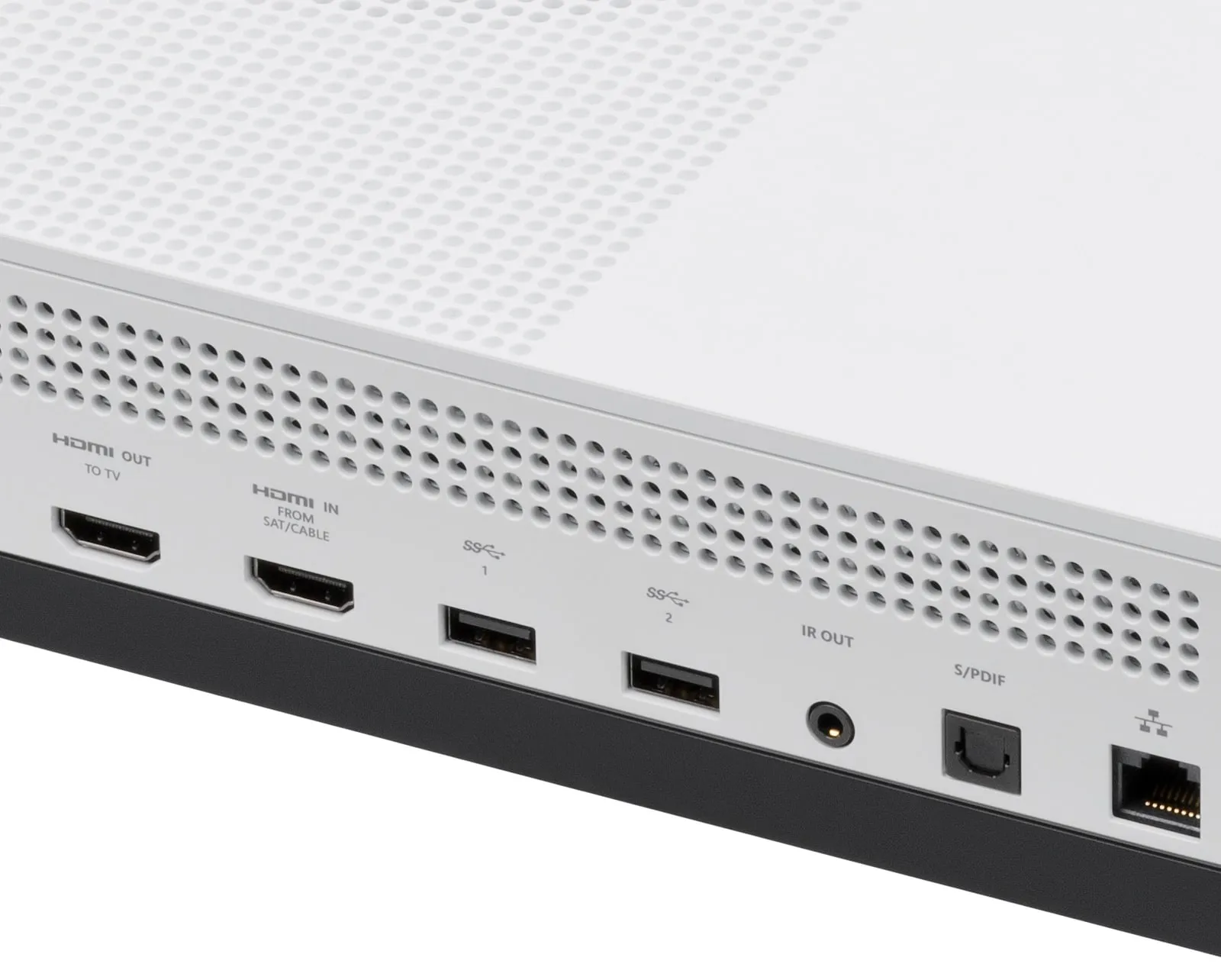 The rear panel of a white Xbox One S: HDMI out and in, two USB ports, IR out, an optical audio port and, at the right end, the Ethernet port under a network icon.