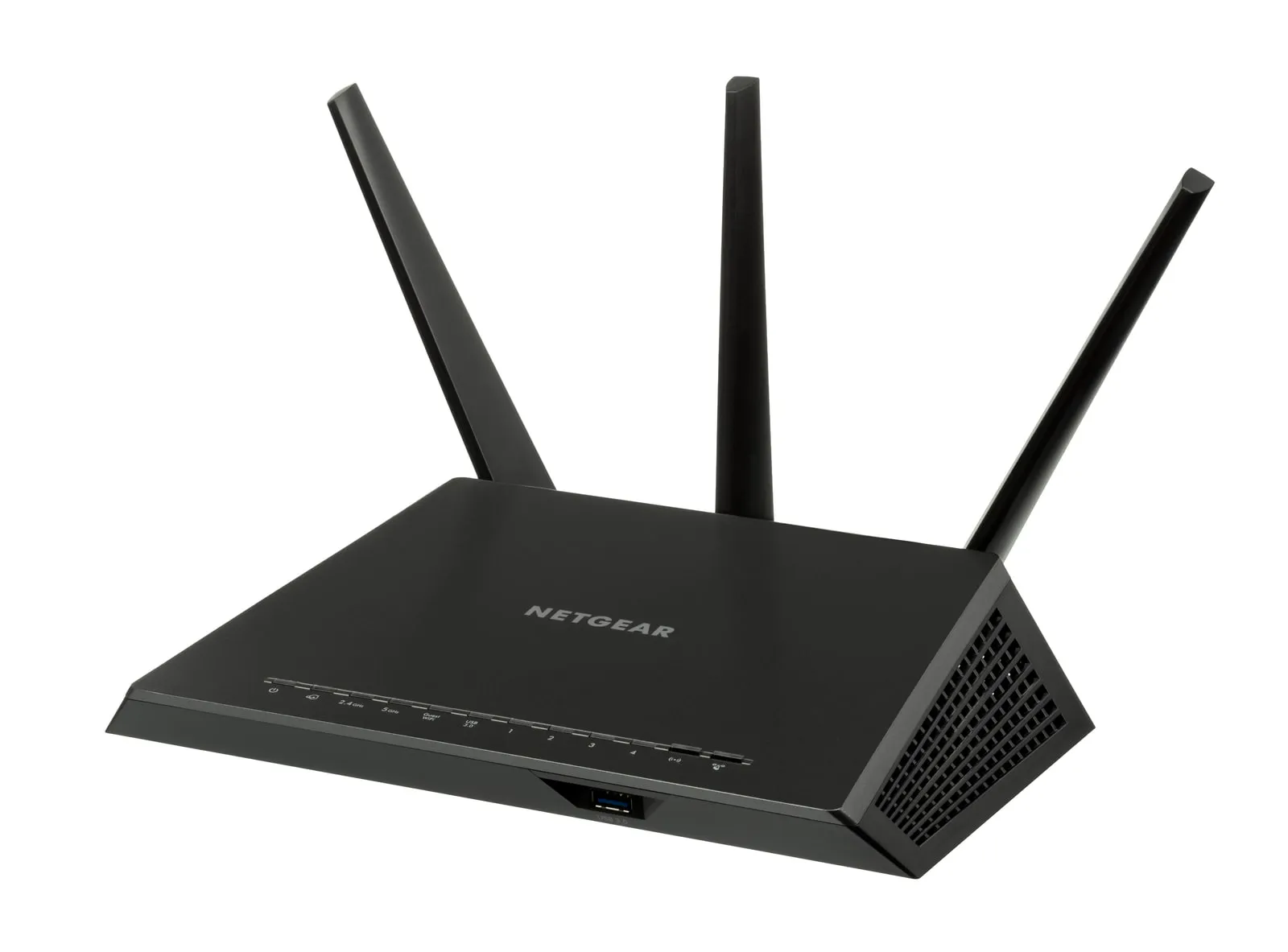 A black NETGEAR Nighthawk router with three tall antennas, a row of front status lights and a front USB port.