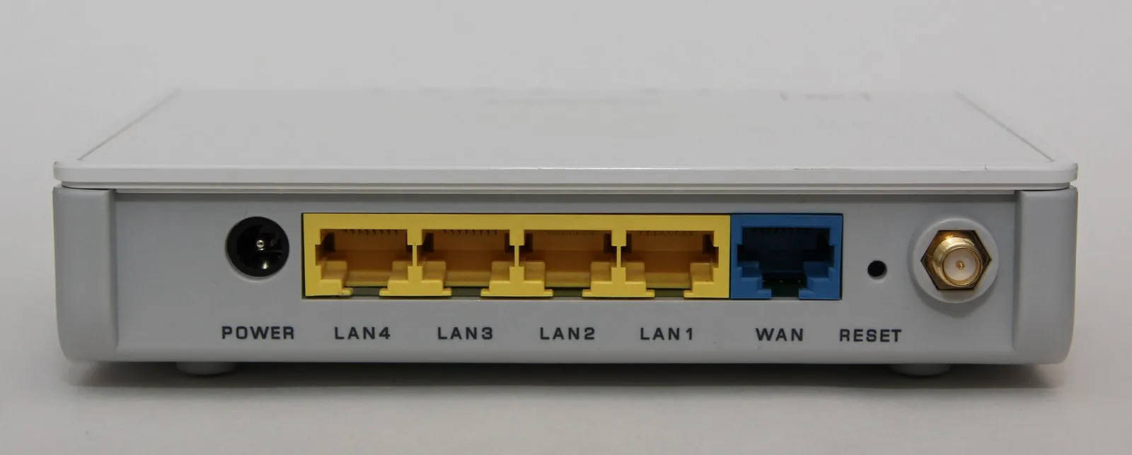 The back panel of a white home router: a power socket, four yellow ports labelled LAN4 to LAN1, a blue port labelled WAN, a reset hole and an antenna connector.