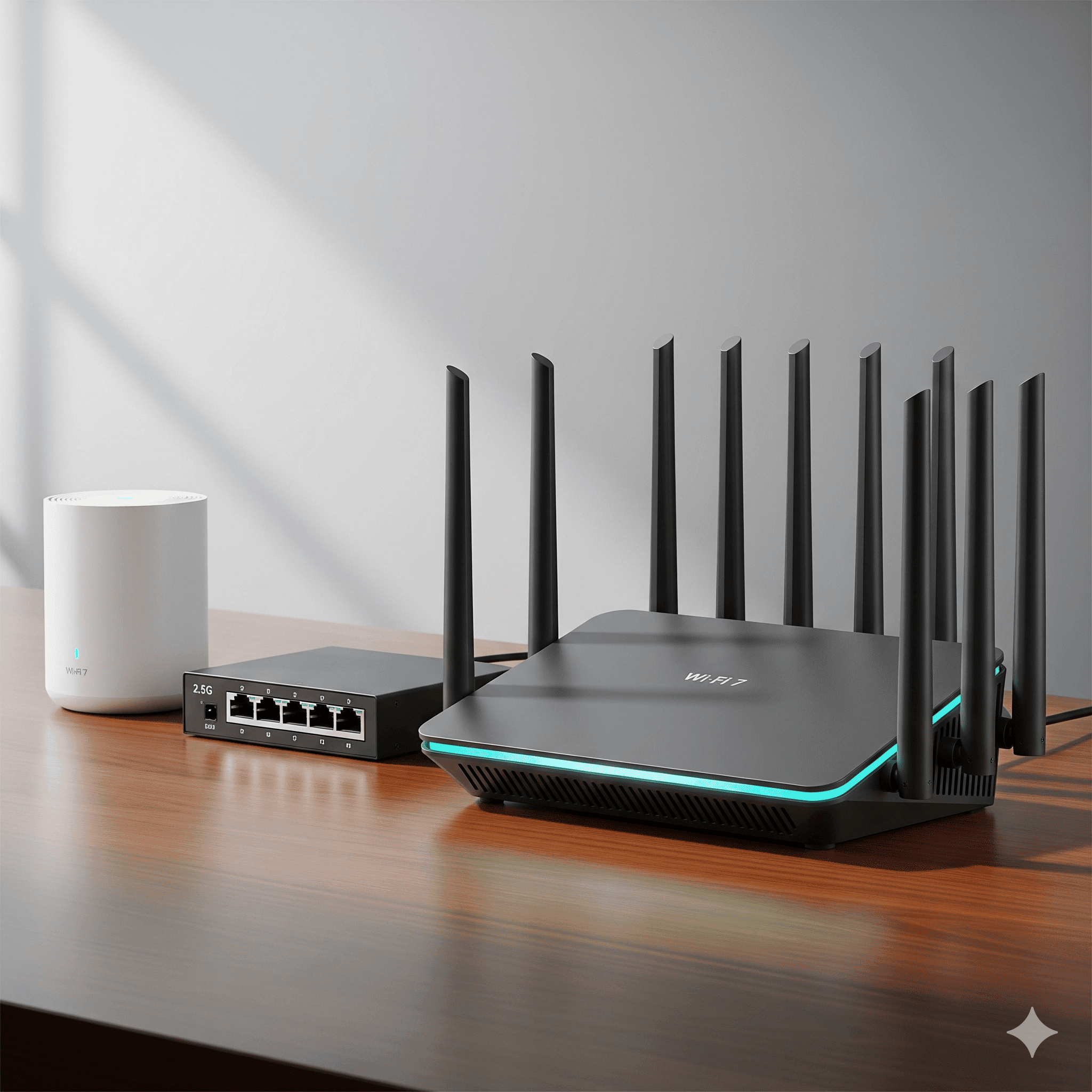 Wi-Fi 7 router and mesh node on a desk with a 2.5G switch