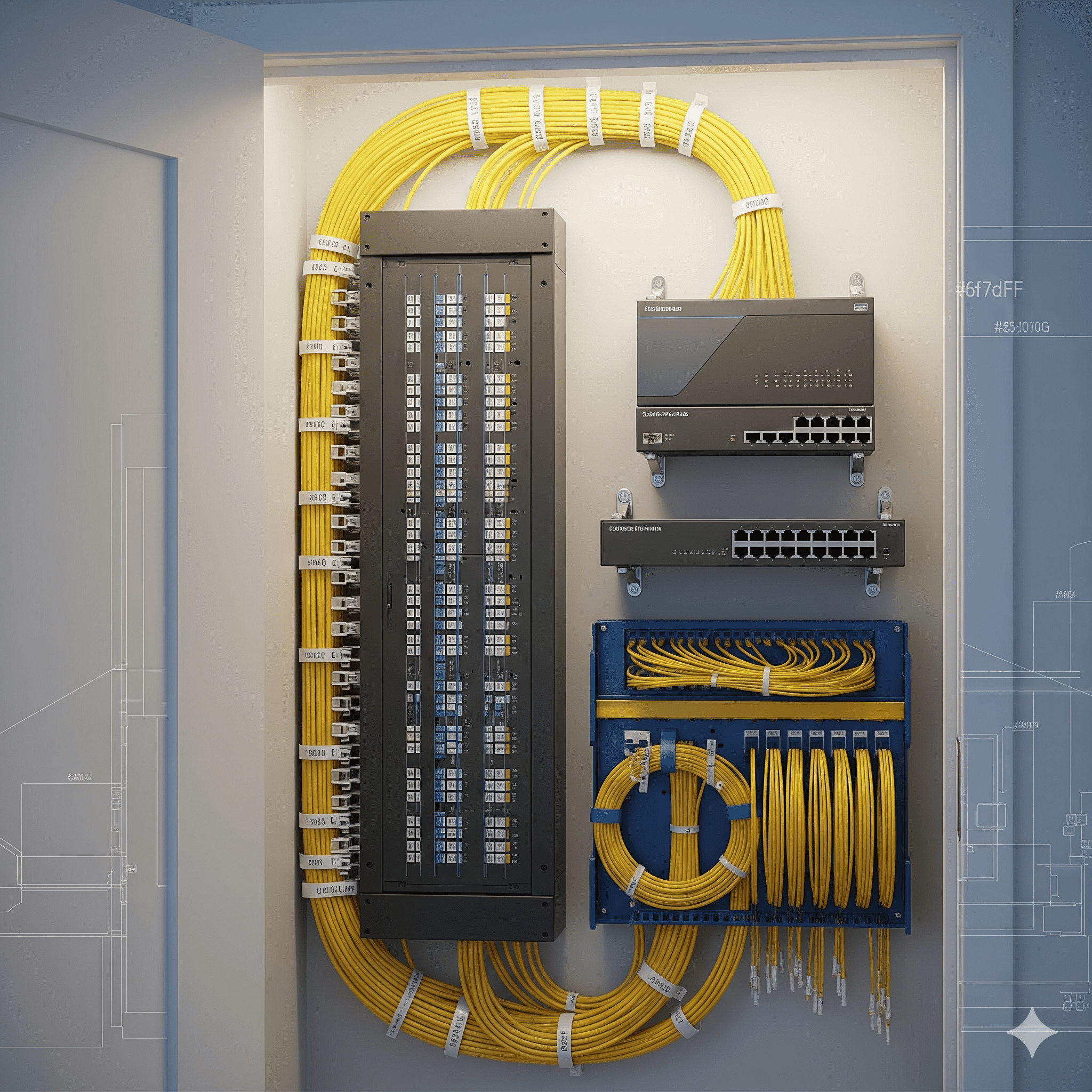 Structured wiring panel with Ethernet, fiber, and coax neatly home-run to a central closet