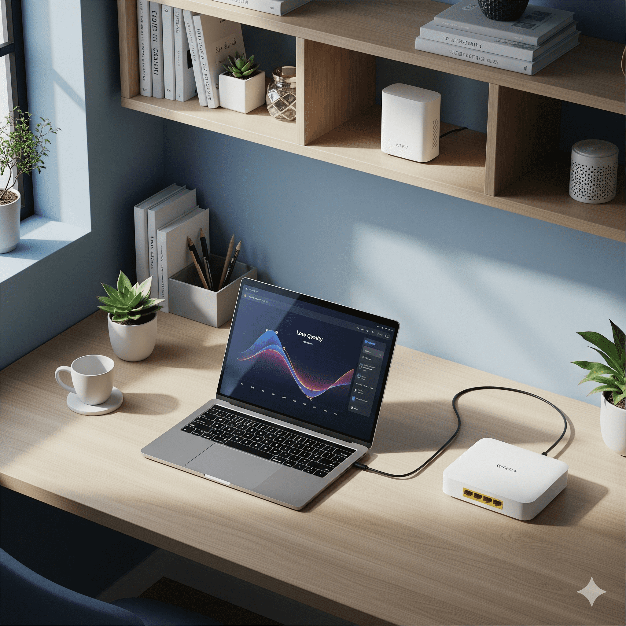 Home office with Wi-Fi 7 router, wired desk, and mesh node