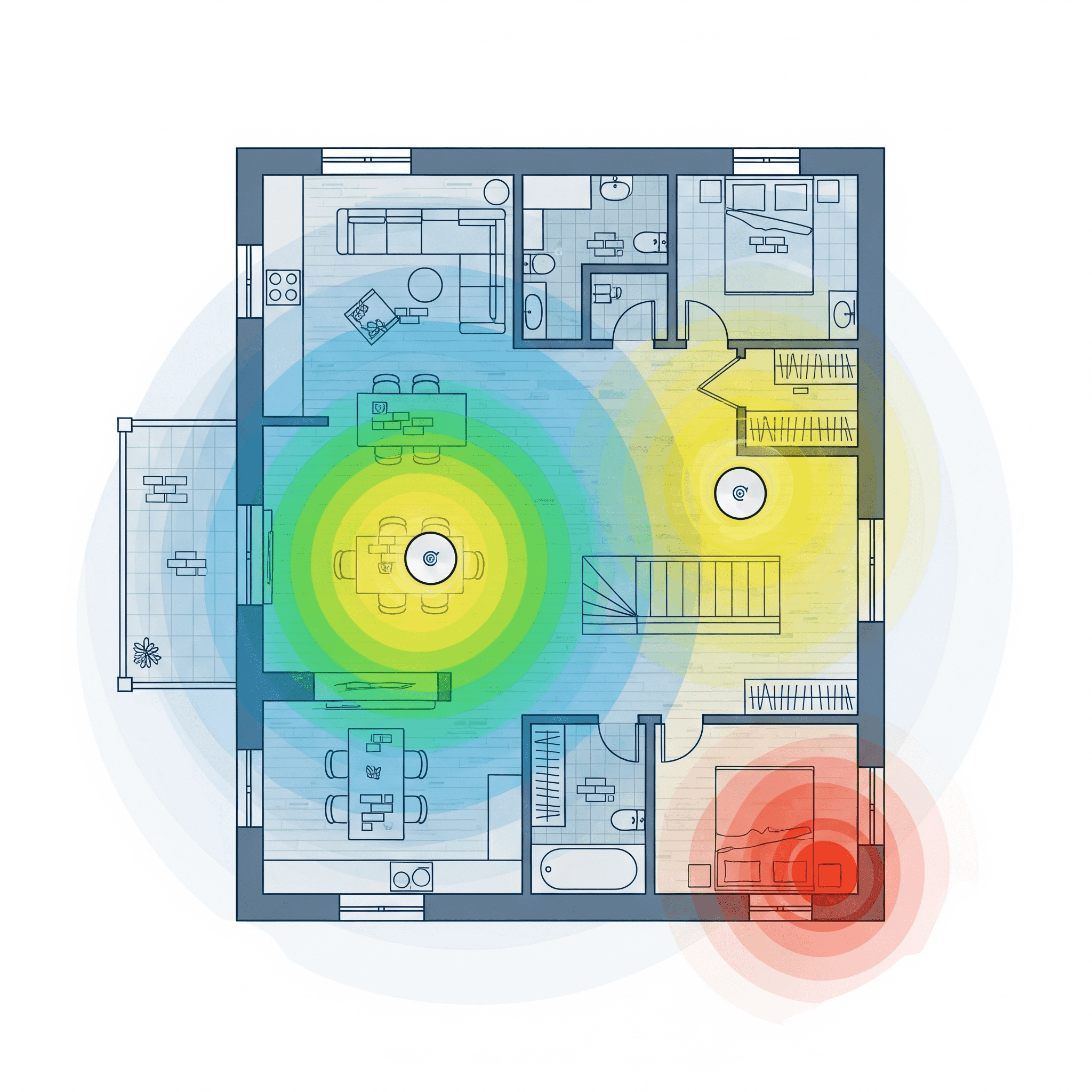 Home floorplan with Wi-Fi coverage gradients and mesh node placement